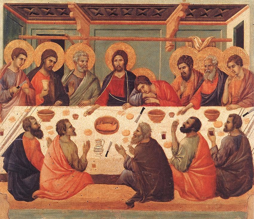 Última Ceia, de Duccio: Jesus à mesa com os doze apóstolos, as auréolas em folha de ouro; João recosta-se junto ao Mestre.